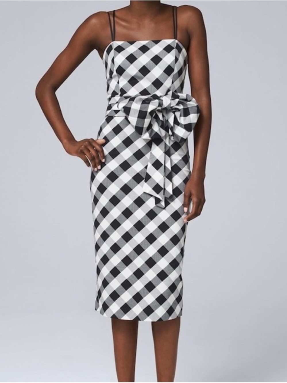 White House Black Market Black & White Gingham Midi Sheath Dress + Removable Bow